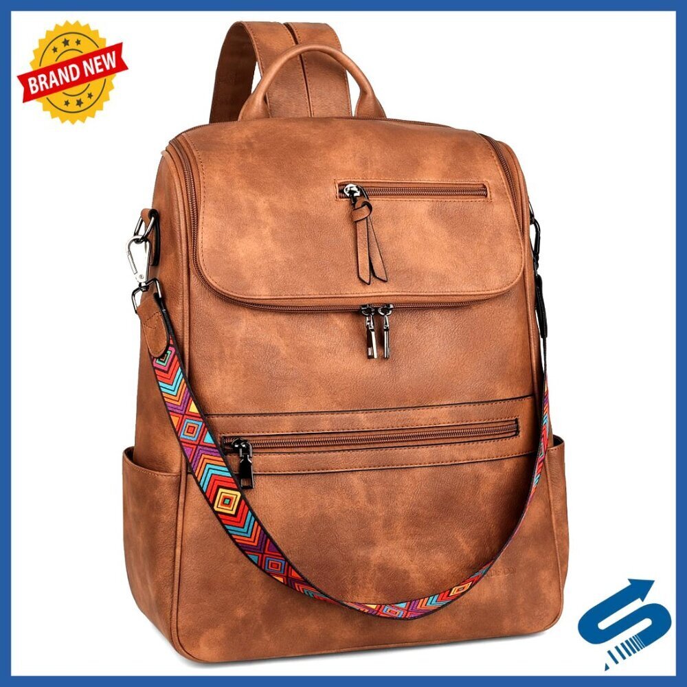 Leather Laptop Backpack Women's Travel Computer Bag Elegant Retro Style